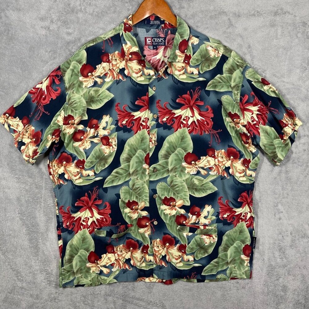 Vintage Chaps Ralph Lauren‎ Shirt Mens XL Blue Green Hawaiian Tropical Floral
